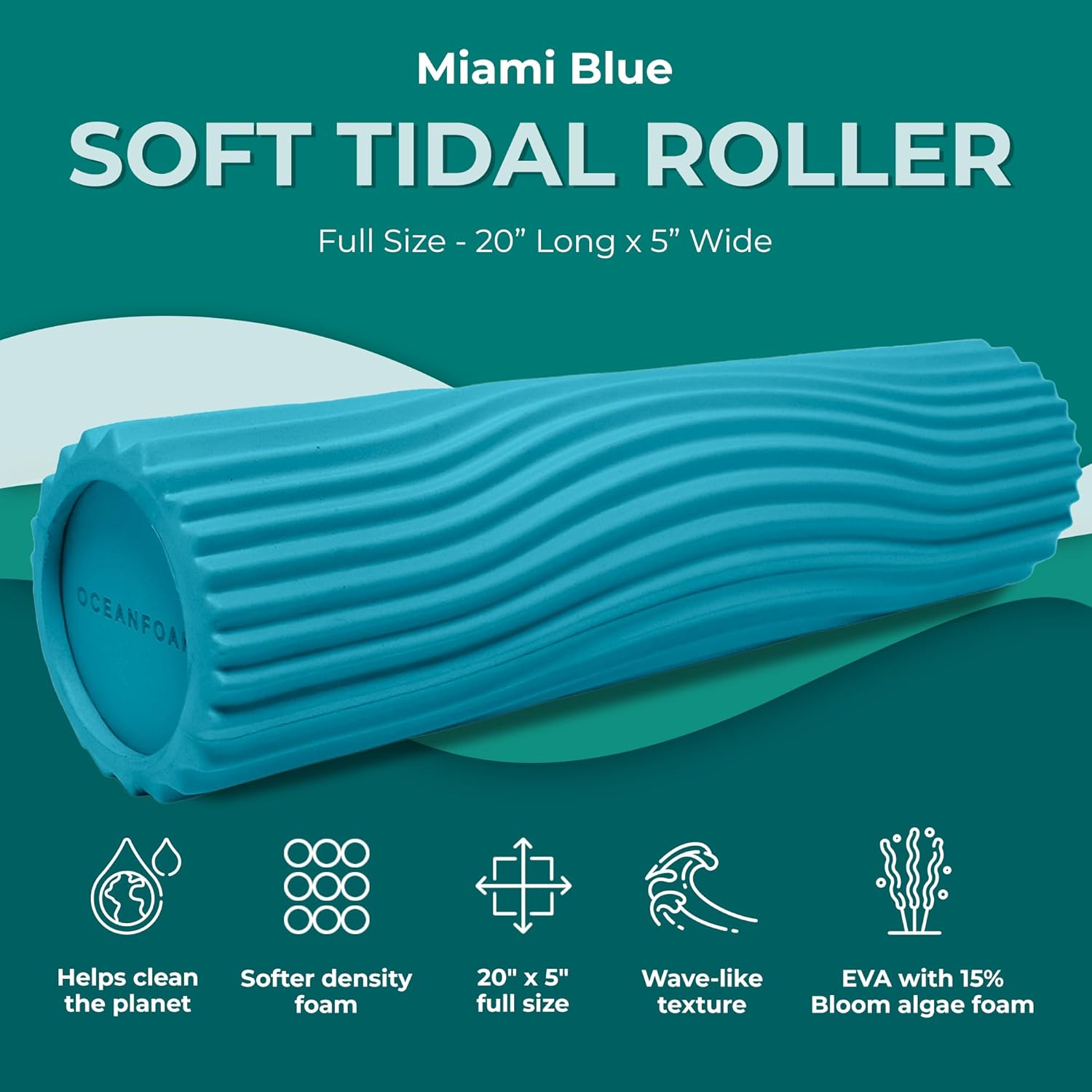 Oceanfoam Soft Tidal Roller - Miami Blue Low Density Foam Roller for Therapy & Exercise | 20" x 5" Wave Textured
