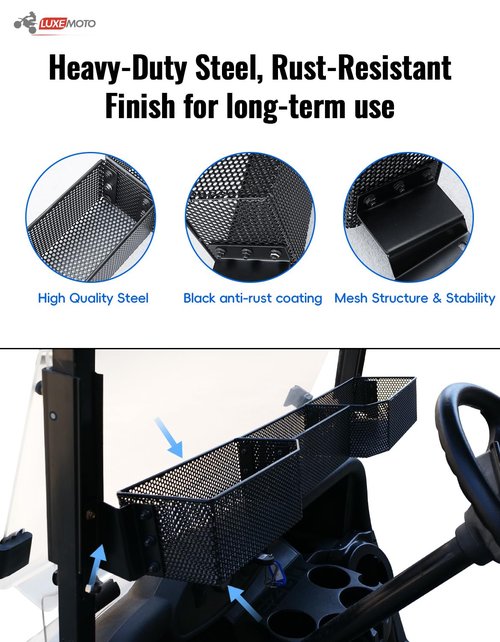 LUXEMOTO Golf Cart Inner Front Storage Basket for E-Z-GO RXV 2008+, No Drilling Combined Steel Independent Front Inner Dash Tray Storage Organizer for EZGO RXV 2008-2025 Accessories, Black