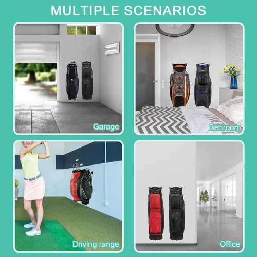 FEYRUN Wall Mounted Golf Bag Hook, 2 Bags Storage Racks Perfect for Garage Organization, Space Saving Hanging Organizer (Black)