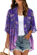 Skiennix Women's Floral Print Kimono Cardigan - Puff Sleeve Casual Cover-Up Top