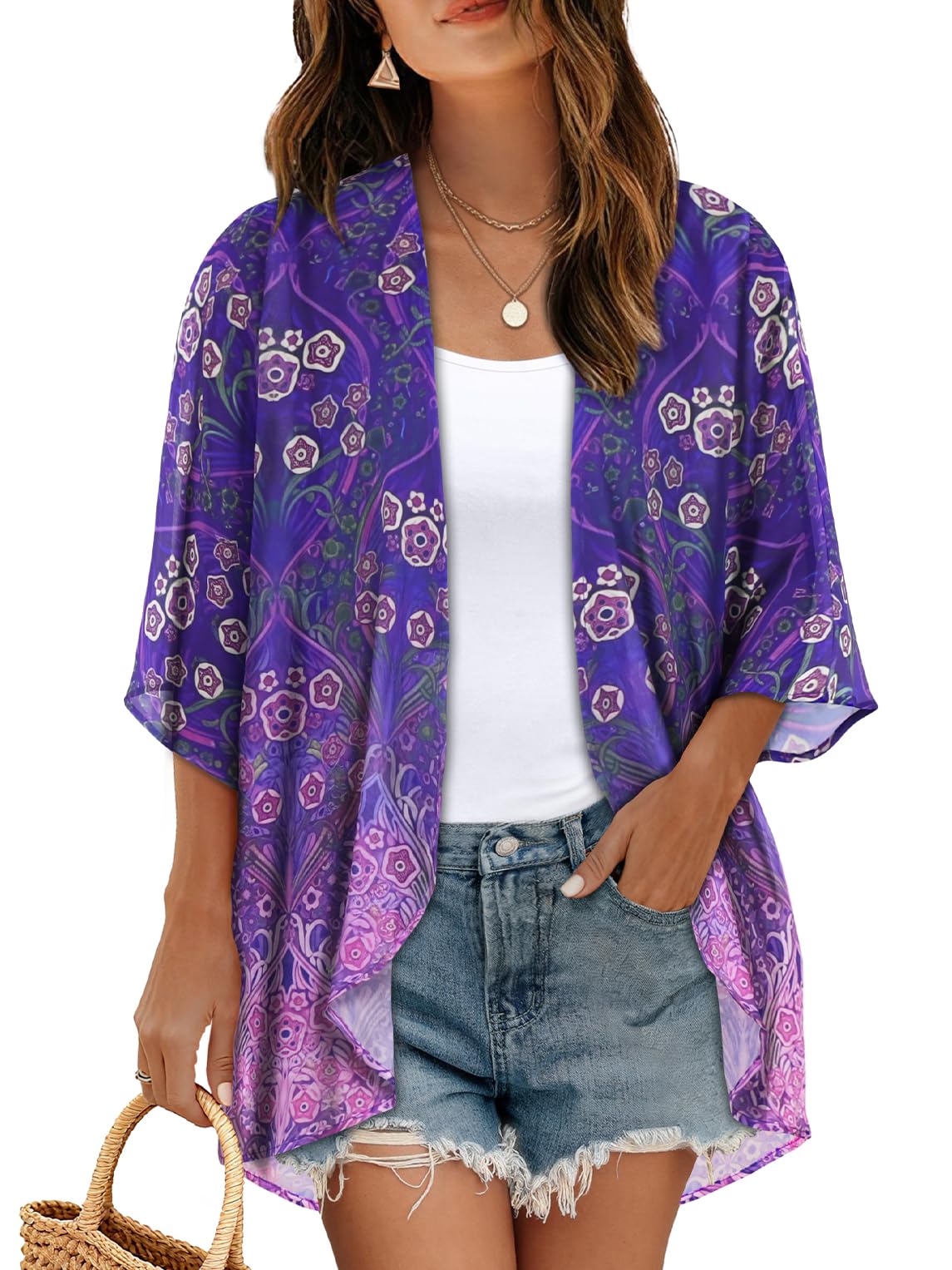 Women's Floral Kimono Print Puff Sleeve Loose Cardigan Cover Up Casual Blouse Tops (Purple Green Floral, 2XL)