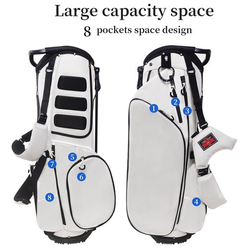Lightweight Golf Stand Bag with 14 Way Full-Length Dividers, 7 Zippered Pockets and Rain Cover, with Handles and Dual Strap (White, 14 Way)
