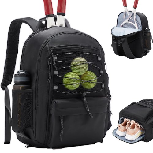 LANBX Tennis Bag, Tennis Backpack for Women Men 2 Rackets with Insulated Pocket Shoe Compartemnt for Pickleball Tennis Badminton (Black)