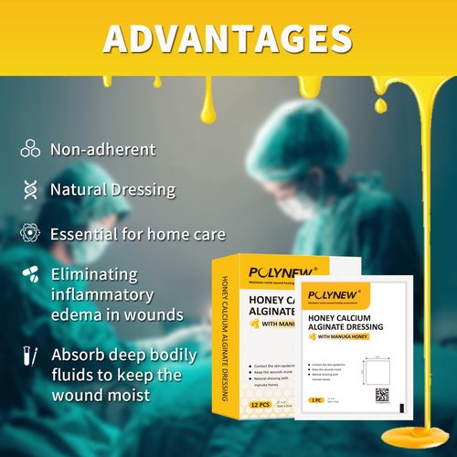 Polynew Impregnated Manuka Honey Calcium Alginate Dressing, 2"x2"-12Pcs/Box, Non-Adherent Calcium Alginate Dressing with Manuka Honey, Natural Wound Care Bandages for Burns, Faster Wound Care