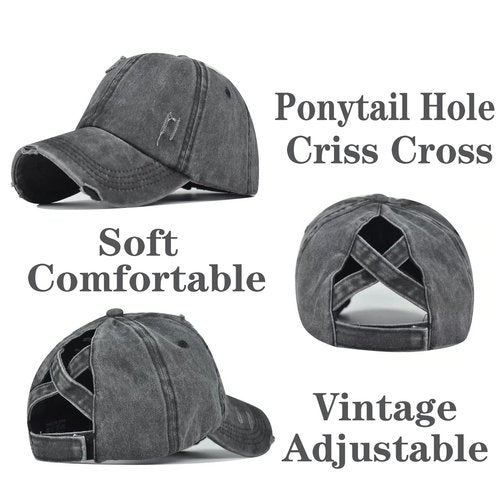 2 Packs Distressed Ponytail Hat for Women Criss Cross Hat Baseball Cap Pony Tail Caps High Bun