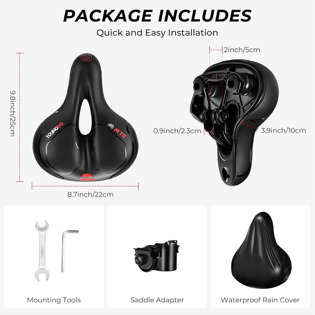 Youngdo Bike Seat - Comfortable Wide Gel Saddle for Road & Mountain Bikes | Breathable Design