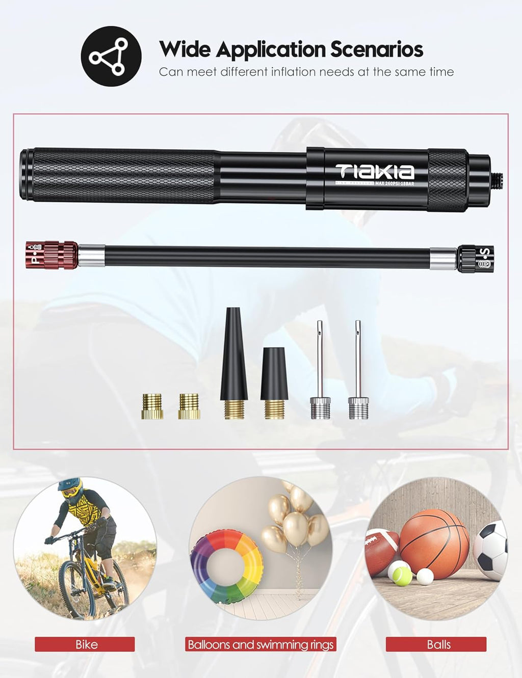 Tiakia Mini Bike Pump - Portable 260PSI High-Pressure Air Hand Pump for Presta & Schrader Valves | Aluminum Alloy Tire Pump for Road & Mountain Bikes