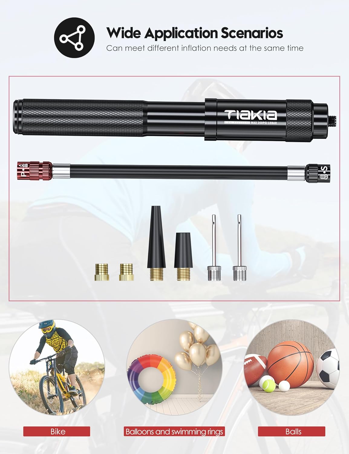 Tiakia Mini Bike Pump - Portable 260PSI High-Pressure Air Hand Pump for Presta & Schrader Valves | Aluminum Alloy Tire Pump for Road & Mountain Bikes