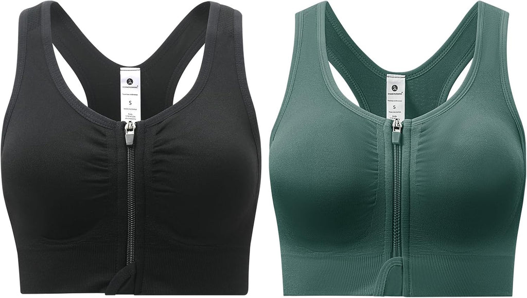 Skiennix Zip Front Sports Bra - Medium Support Racerback with Removable Pads & Double Hooks