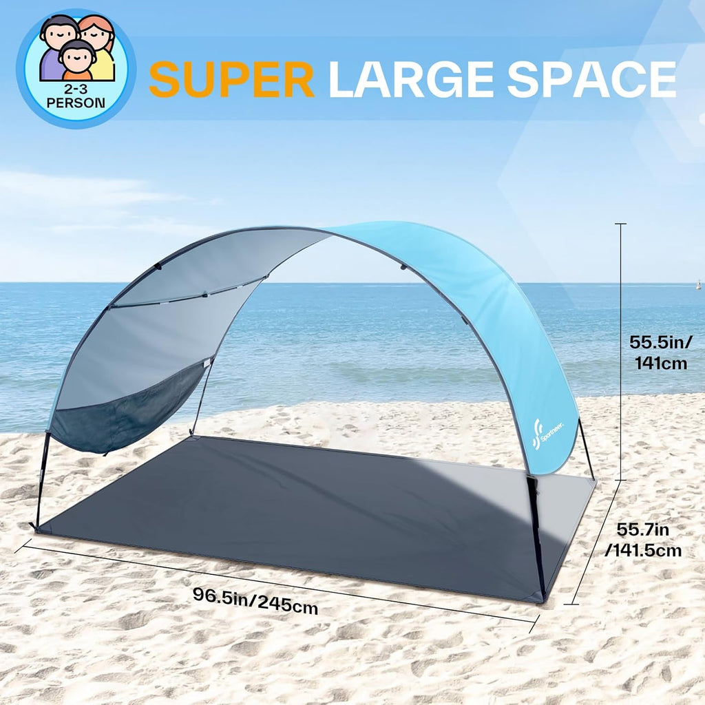 Sportneer Beach Tent | UPF 50+ UV Protection Canopy for 2-3 People | Easy Setup with Wind Ropes & Stakes | 96.5''x55.7''