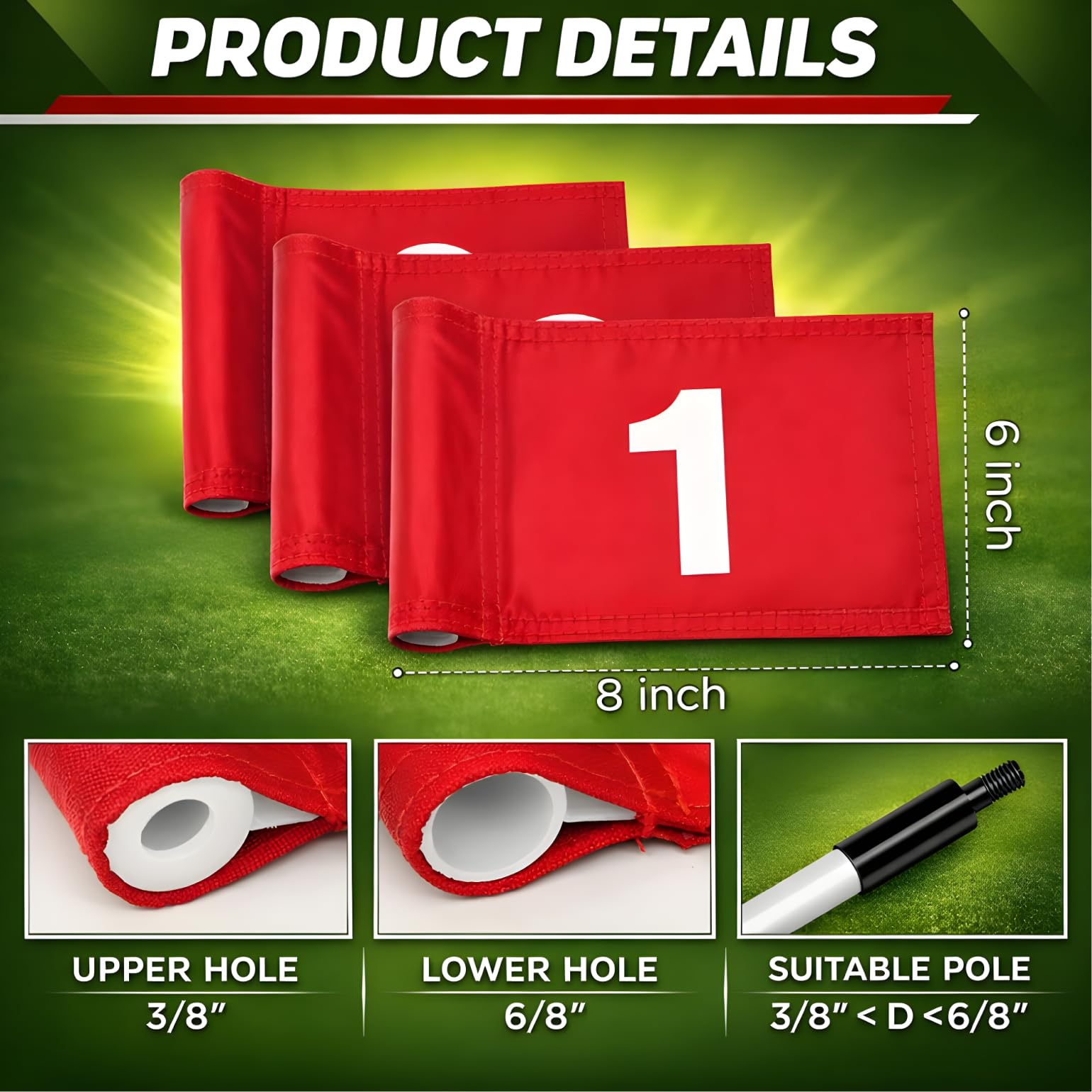 Set of 3 Double Sided 8x6 Inches Numbered Golf Polyester Flag - Mini Practice Putting Green Flags for Yard in 420D Nylon - Small Banner Numbered with Tube Inserted - Numb Flag for Indoor or Outdoor