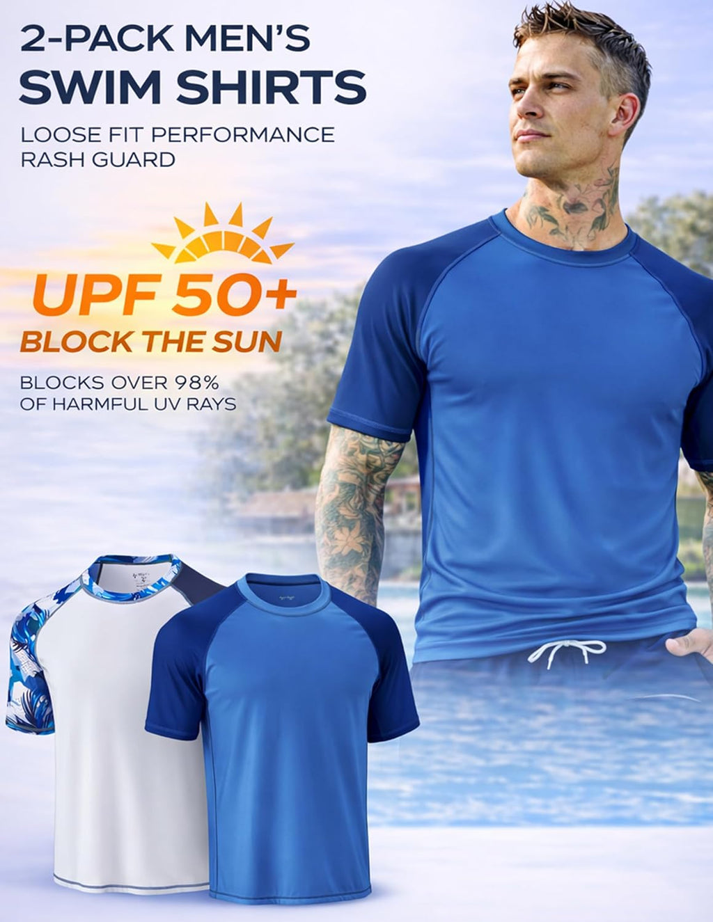 Skiennix Swim Shirts for Men - UPF 50+ Quick-Dry Rash Guard | 2-Pack Loose Fit Short Sleeve