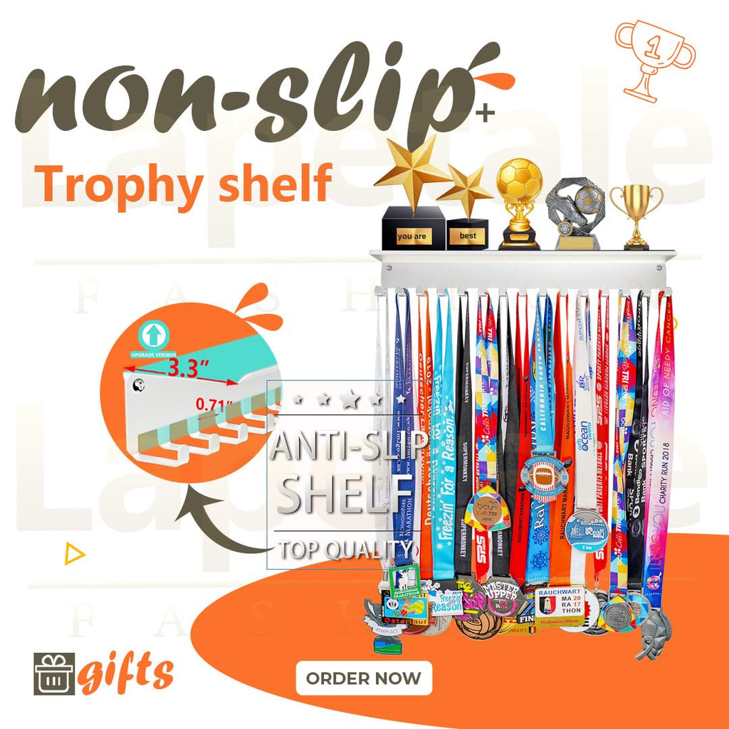 Lapetale Fashion Non-Slip White Trophy Shelf - 16 Inch Medal Hanger Display for Wall with Upgraded Shelves for Trophies, Gymnastics, Soccer, Swim