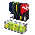 MyGift 16.5 Inch Black Metal Pickleball Paddle Rack and Ball Storage, Wall Mounted or Fence Hanging Equipment Organizer with Racket Holder and Basket for Balls