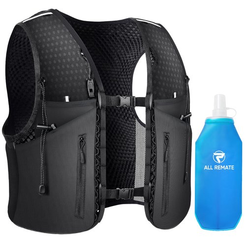 ALL REMATE All-in-One Multi Sport Trail Running Vest including Water Bottle, Whistle, 11 Pockets & 6 Straps – Ergonomic Lightweight Reflective Gear