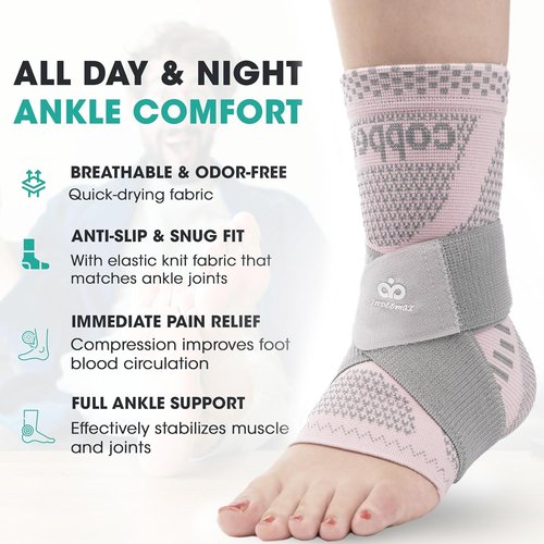 INDEEMAX Ankle Brace - Copper Infused Compression Sleeve for Pain Relief | Pink Silver, Size S