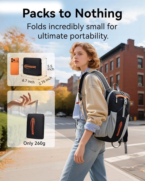 CROSSGEAR 16L RFID Hiking Backpack, Lightweight Foldable Packable Backpack, Small Travel Hiking Daypack for Women Men Black