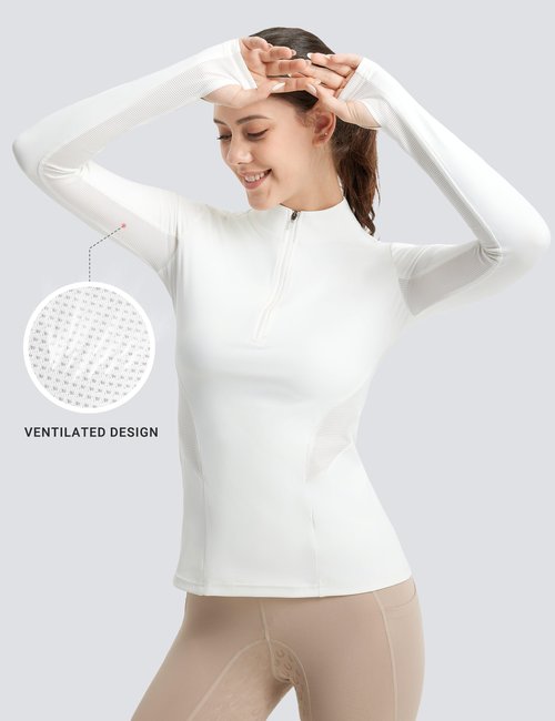 FitsT4 Sports Womens Equestrian Shirts Thumbholes Long Sleeve Horse Riding Shirts Quick Dry UPF50+ Riding Top Half Zip White XS