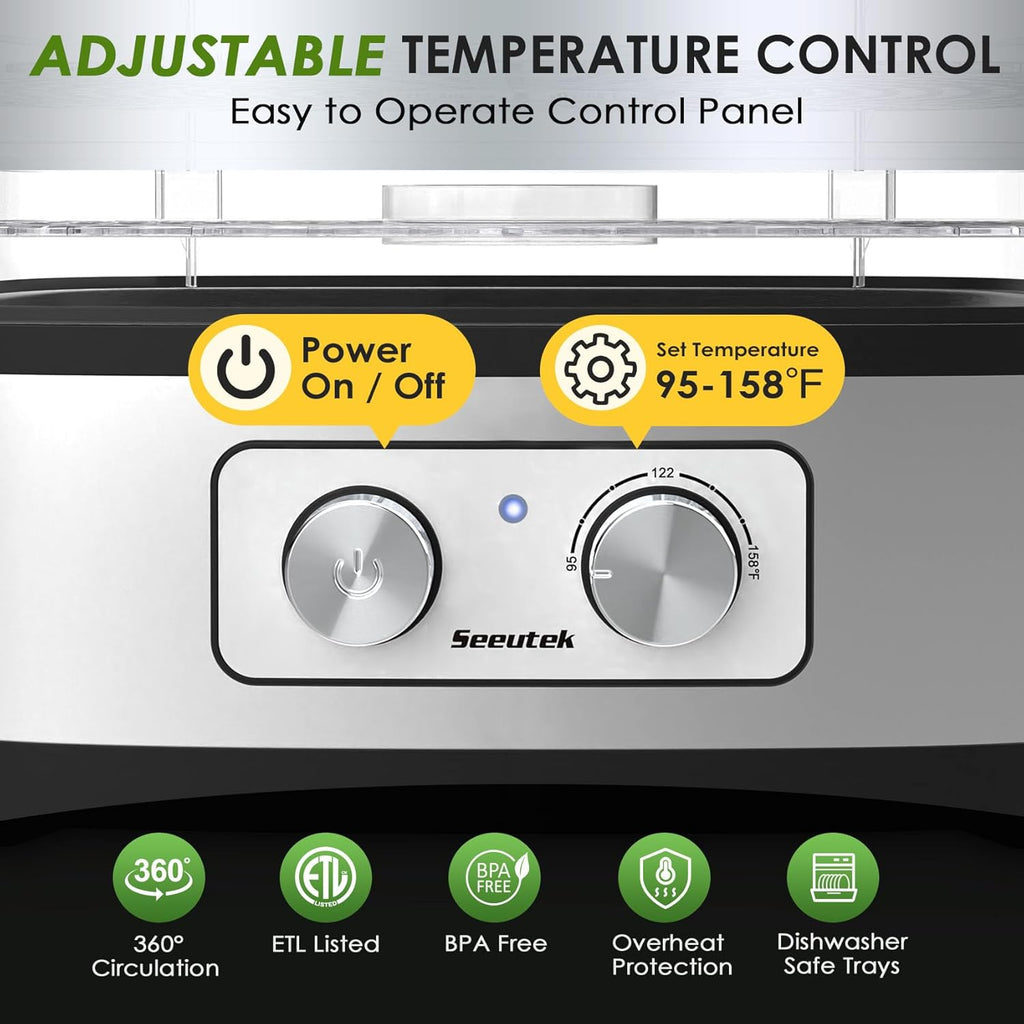Seeutek Food Dehydrator - 5 BPA-Free Trays with Adjustable Temperature Control | Perfect for Jerky, Fruits, Vegetables, Includes Recipe Book & Storage Bags