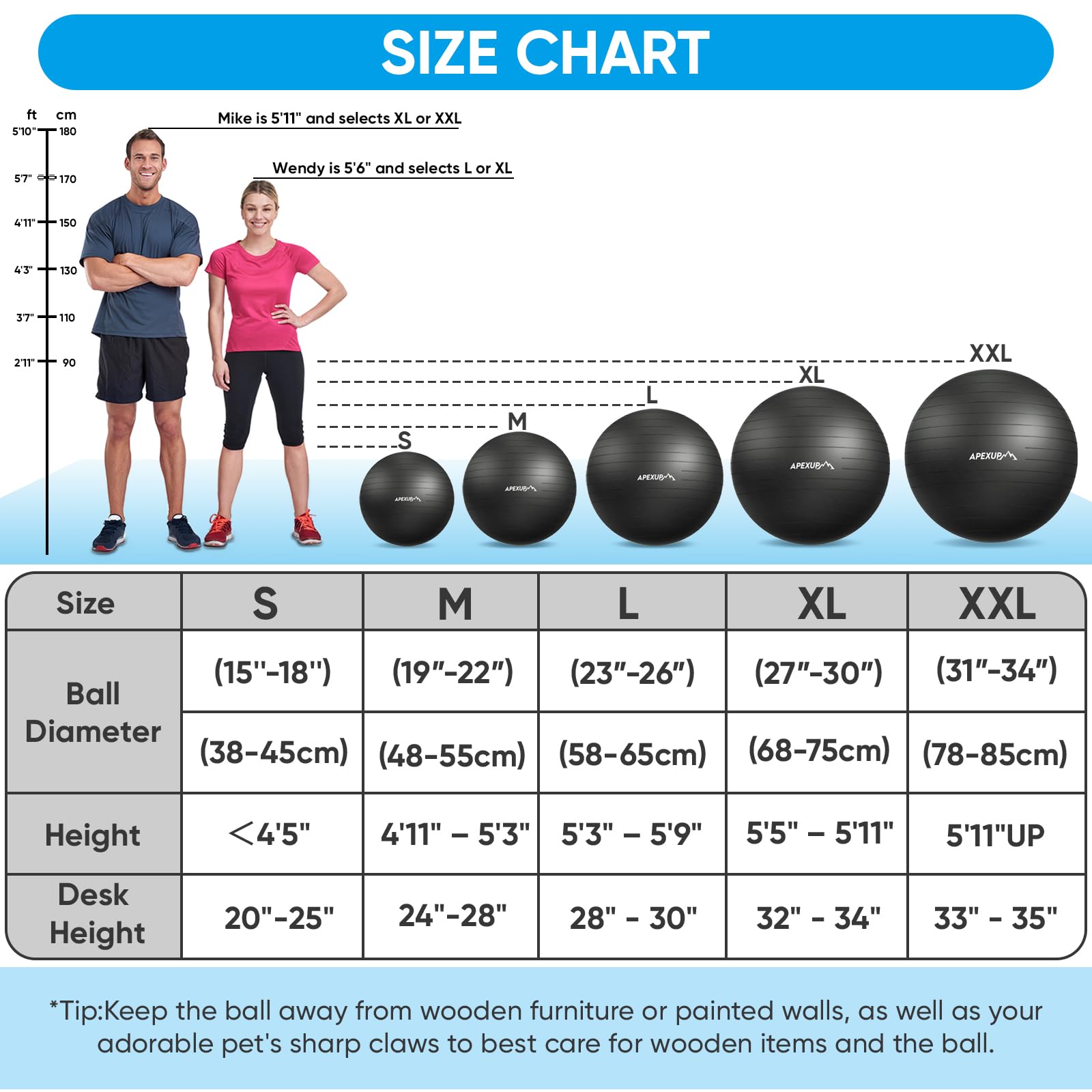 APEXUP Yoga Ball, 660 lbs Anti-Burst Exercise Ball with Pump, 5 Sizes (S (15"~18") 45cm, Black)