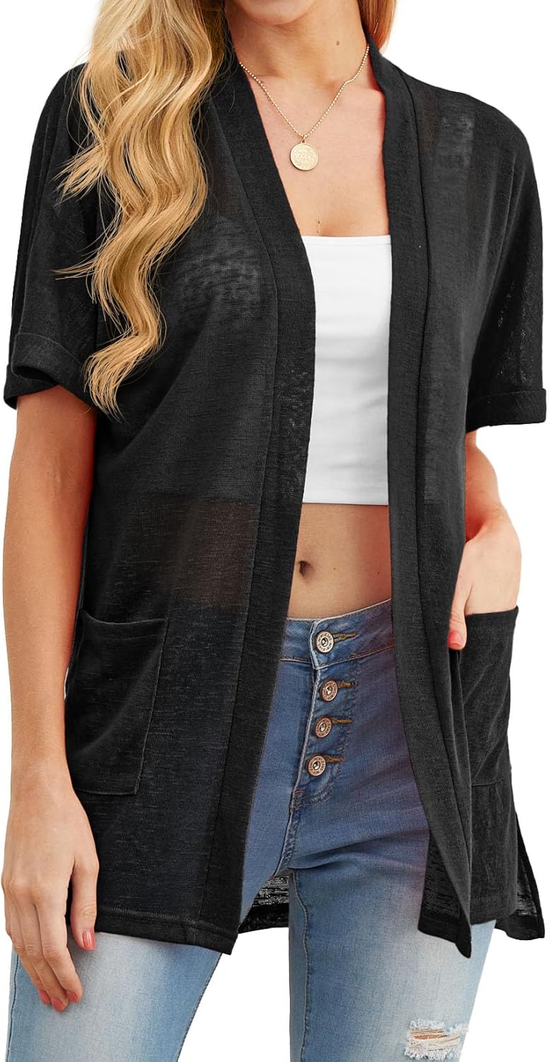 PrinStory Short Sleeve Cardigan - Lightweight Sheer Knit Cover-Up with Pockets | Casual Summer Style