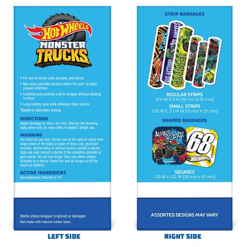 Hot Wheels Monster Trucks Antibacterial Kids Bandages, 3 Assorted Sizes 100 CT | Wear Like Stickers, Flexible Adhesive Bandages for Minor Cuts, Scrapes, and Burns. Great Gift idea for Kids
