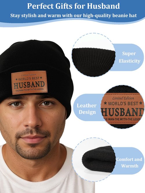 Husband Gifts Worlds Best Husband Ever Beanie Leather Hat for Men from Wife Christmas Stocking Stuffers Birthday Wedding Anniversary Valentine Couple Gift Ideas Accessories Stuff Black