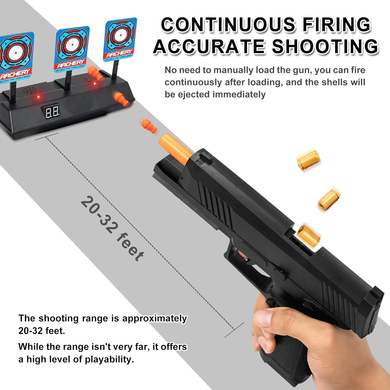 Skiennix Foam Blaster Toy Gun - Shell Ejecting Pistol with 2 Magazines & 40 Soft Bullets | Black, Perfect Birthday Gift for Kids 8+