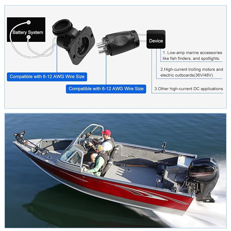 70A Trolling Motor Plug & Receptacle for 2/3-Wire Systems, 12V-48V Marine Power Connector