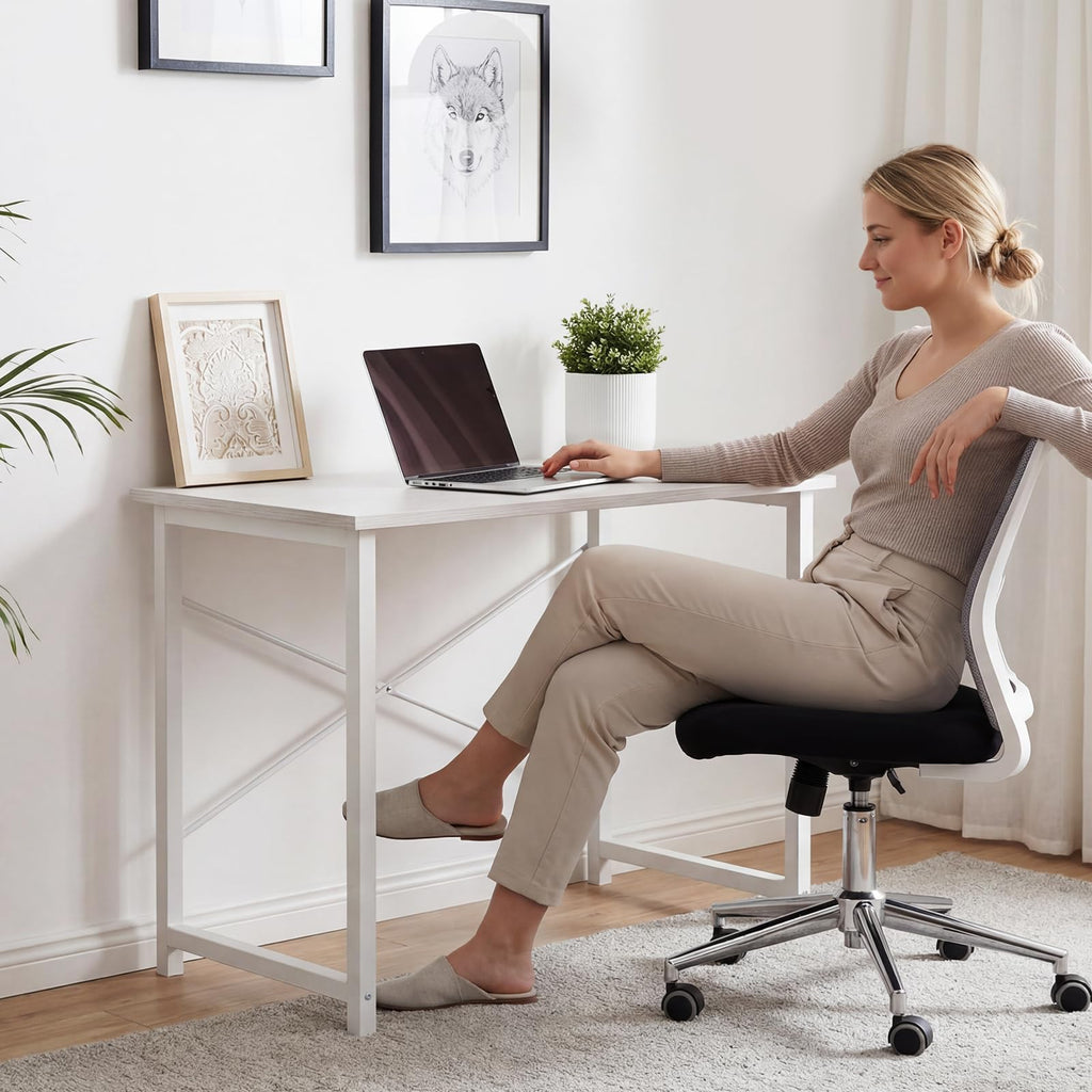 Sweetcrispy Computer Small Desk, 32 Inch Office Writing Work Study Student Home Bedroom Table with Metal Frame Wooden Tabletop No Wheels - White Wood Compact