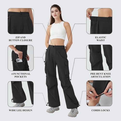 DLOODA Women’s Hiking Pants Wide Leg Cargo Pants Quick Dry Lightweight Water-Resistant Travel Casual Trousers with 4 Pockets Black