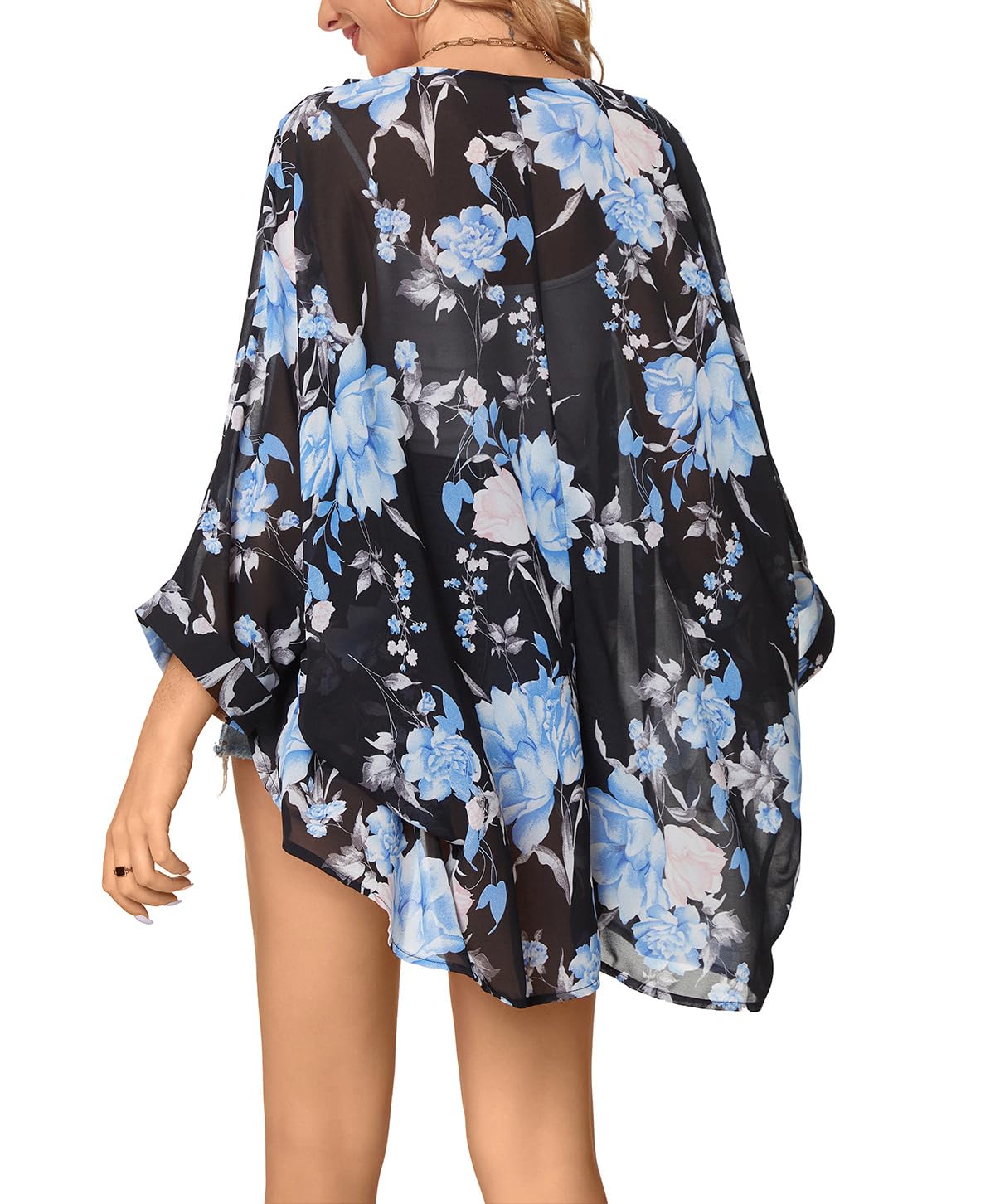 olrain 2 Pieces Floral Print Kimono Cardigan Sheer Chiffon Cover Up 3/4 Sleeve Open Front Beach Jacket for Women 2026 (BlackBlackBlue, Large)