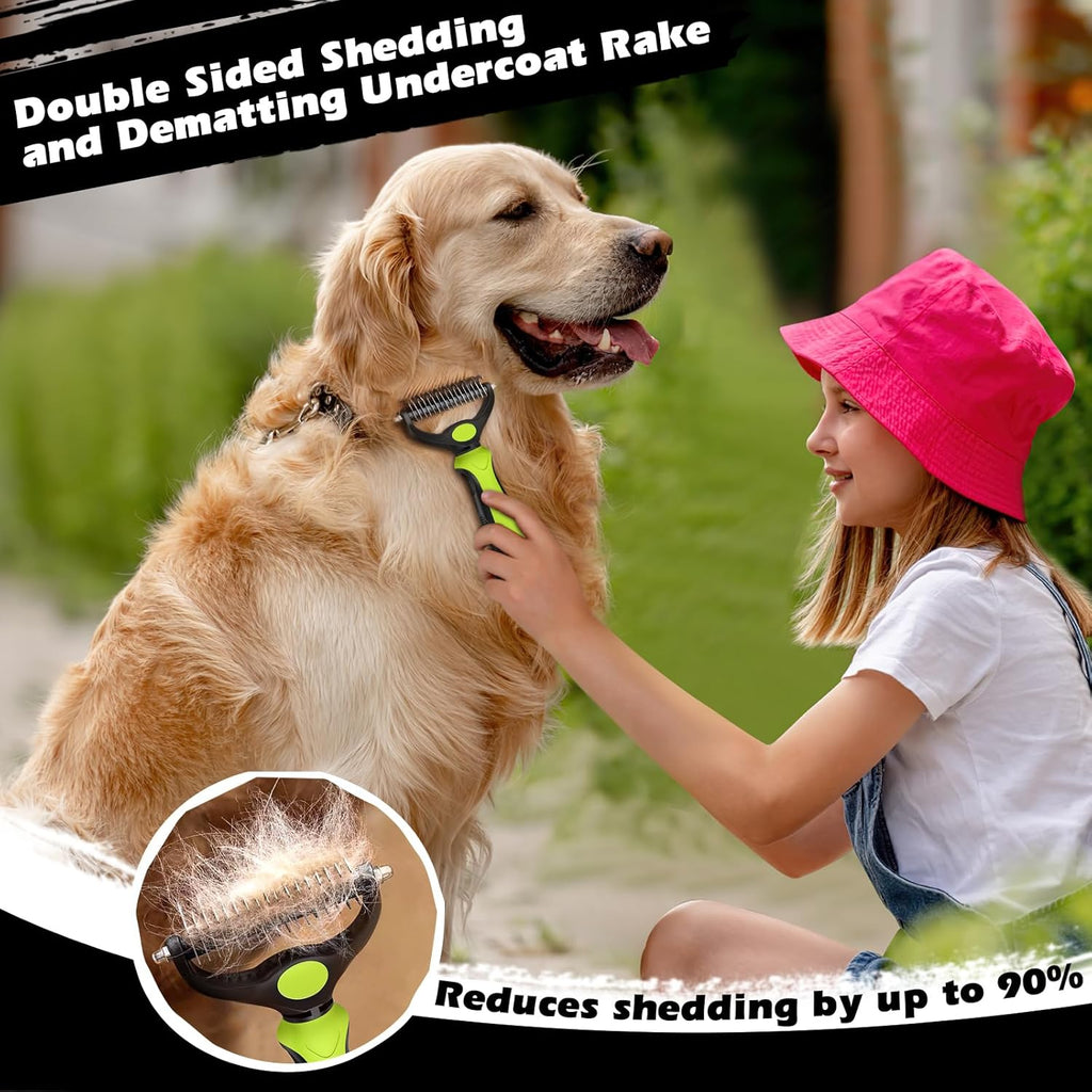 Skiennix Self-Cleaning Slicker Brush Set - Pet Grooming Rake & Flea Comb for Dogs, Cats & Horses | Green