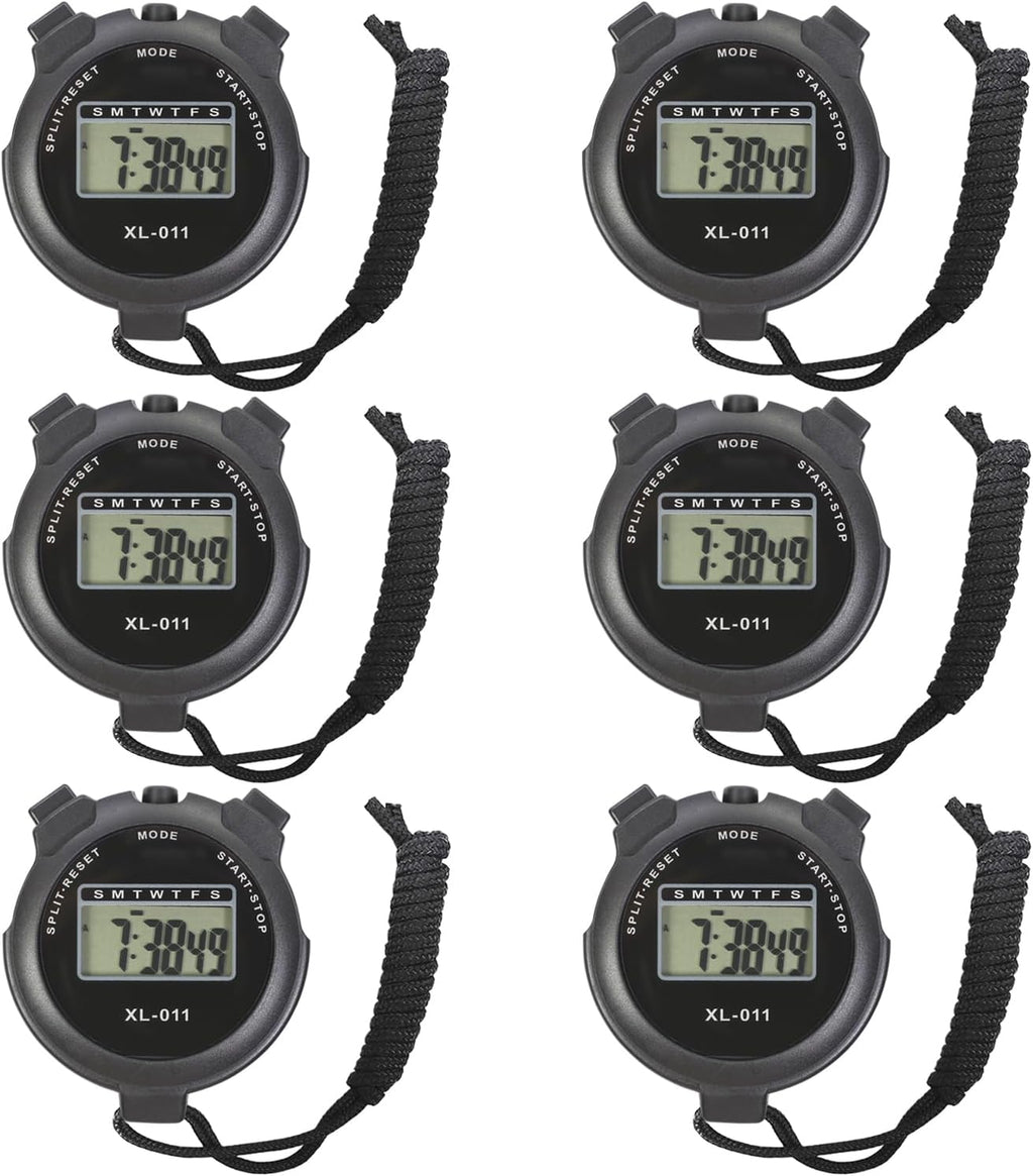 Skiennix Digital Sport Stopwatch Timer - Large Display with Date, Time & Alarm | 6-Pack, Black