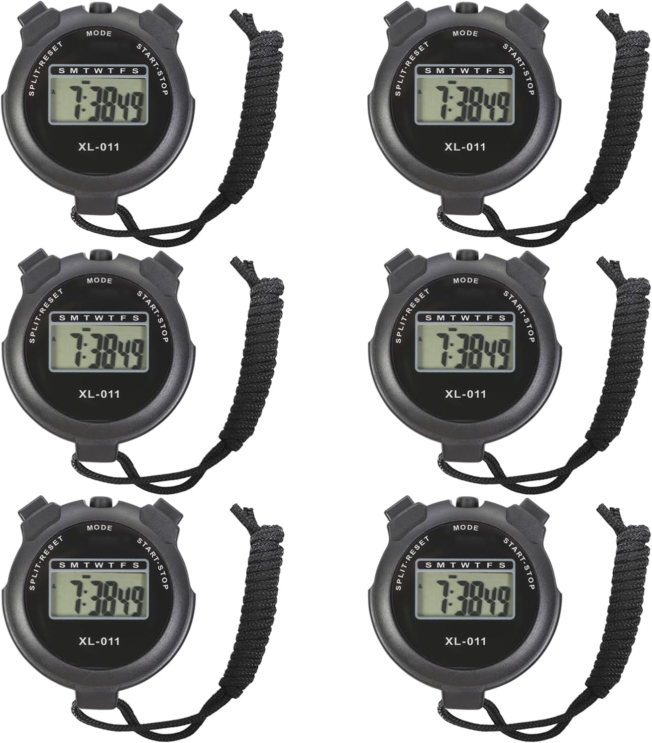 Skiennix Digital Sport Stopwatch Timer - Large Display with Date, Time & Alarm | 6-Pack, Black