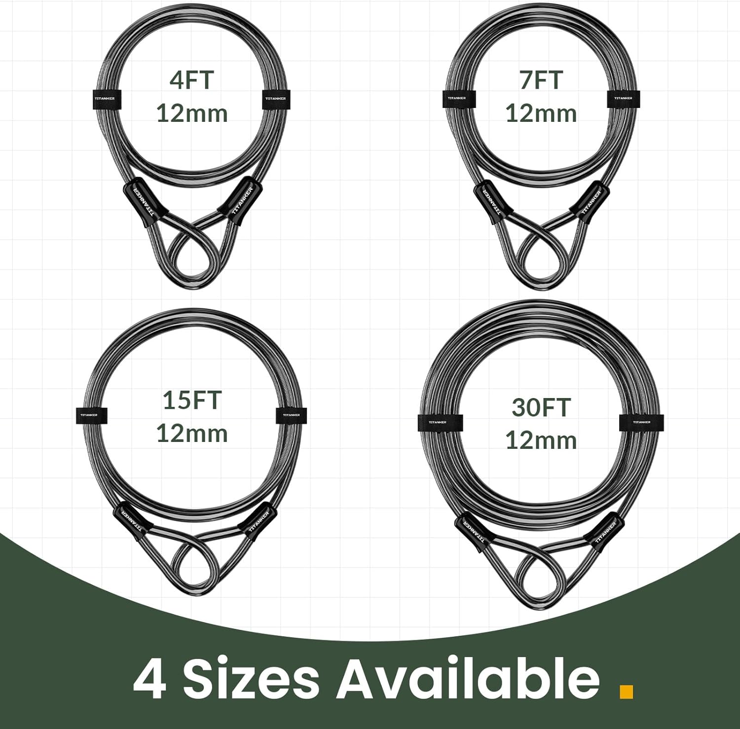 Titanker Bike Lock Cable - Heavy Duty 12mm Thick Steel Security Cable | Vinyl Coated, 4ft to 30ft Options