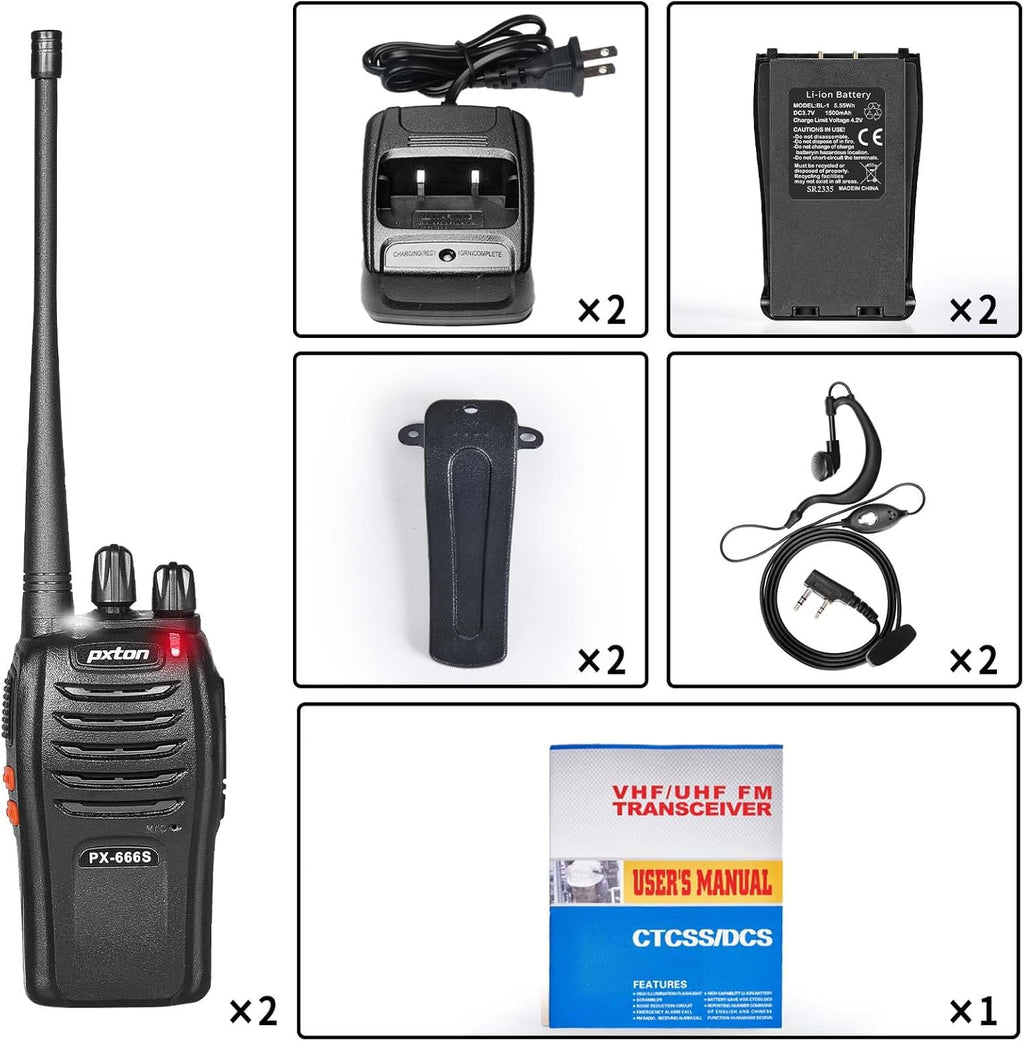 Pxton Walkie Talkies - 666S Long Range Rechargeable 2-Way Radios with Headphones | VOX, Noise Reduction, Flashlight (2 Pack)