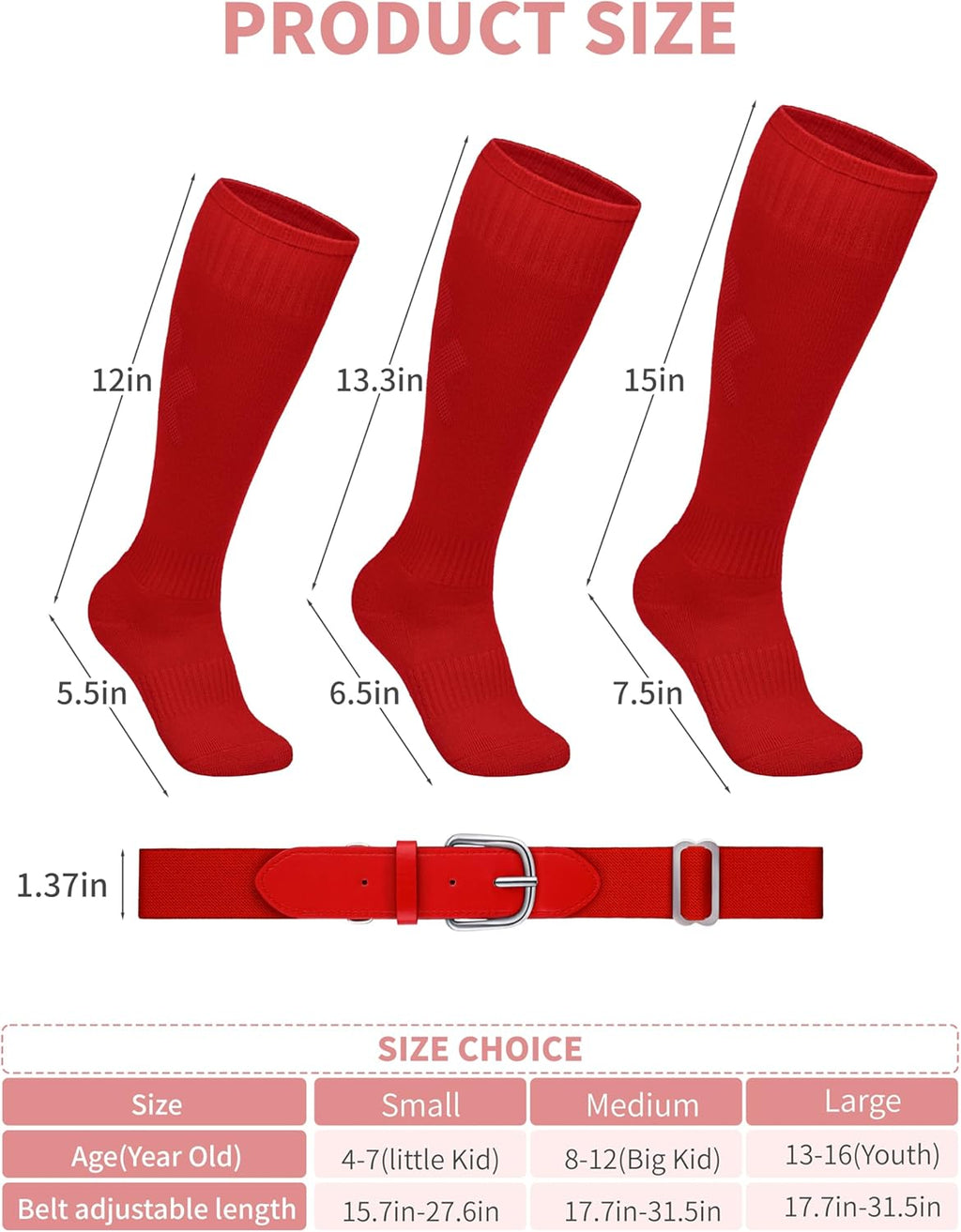 Regine Switzerland Youth Baseball Socks & Belt - Adjustable Cotton, 2 Pairs for Boys & Girls
