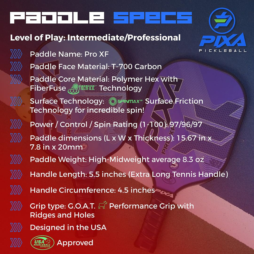 PIXA Pro XF T-700 Carbon Face Premium Pickleball Paddle; 20mm; Long 5.5 inch Handle; Premium Grip; Intermediate/Advanced; Great Gift!