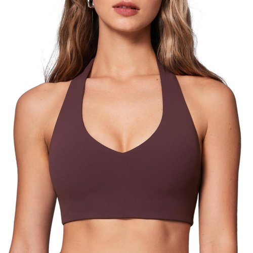 INGIA Womens Halter Longline Sports Bra Padded Low Back Yoga Bra Workout Crop Top with Built in Bra Plumbrown Medium
