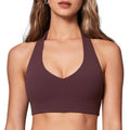 INGIA Womens Halter Longline Sports Bra Padded Low Back Yoga Bra Workout Crop Top with Built in Bra Plumbrown Medium