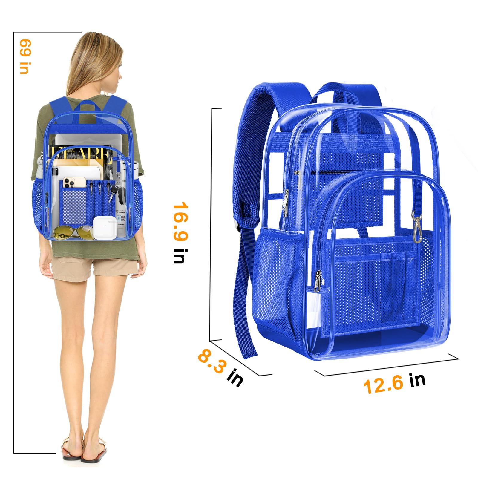 PAMANO Clear Backpack, Heavy Duty Transparent with Reinforced Bottom See Through Backpack for College, Travel, Workplace Security, Blue