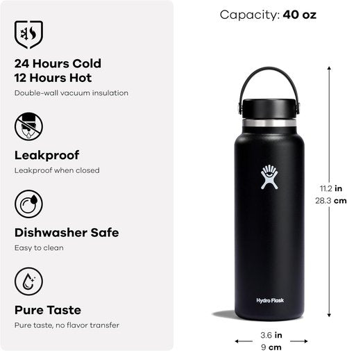 Hydro Flask Water Bottle - Insulated Stainless Steel - Wide Mouth Flex Lid, Non Spill, Leakproof and Refillable in 40 Oz Nectar Orange