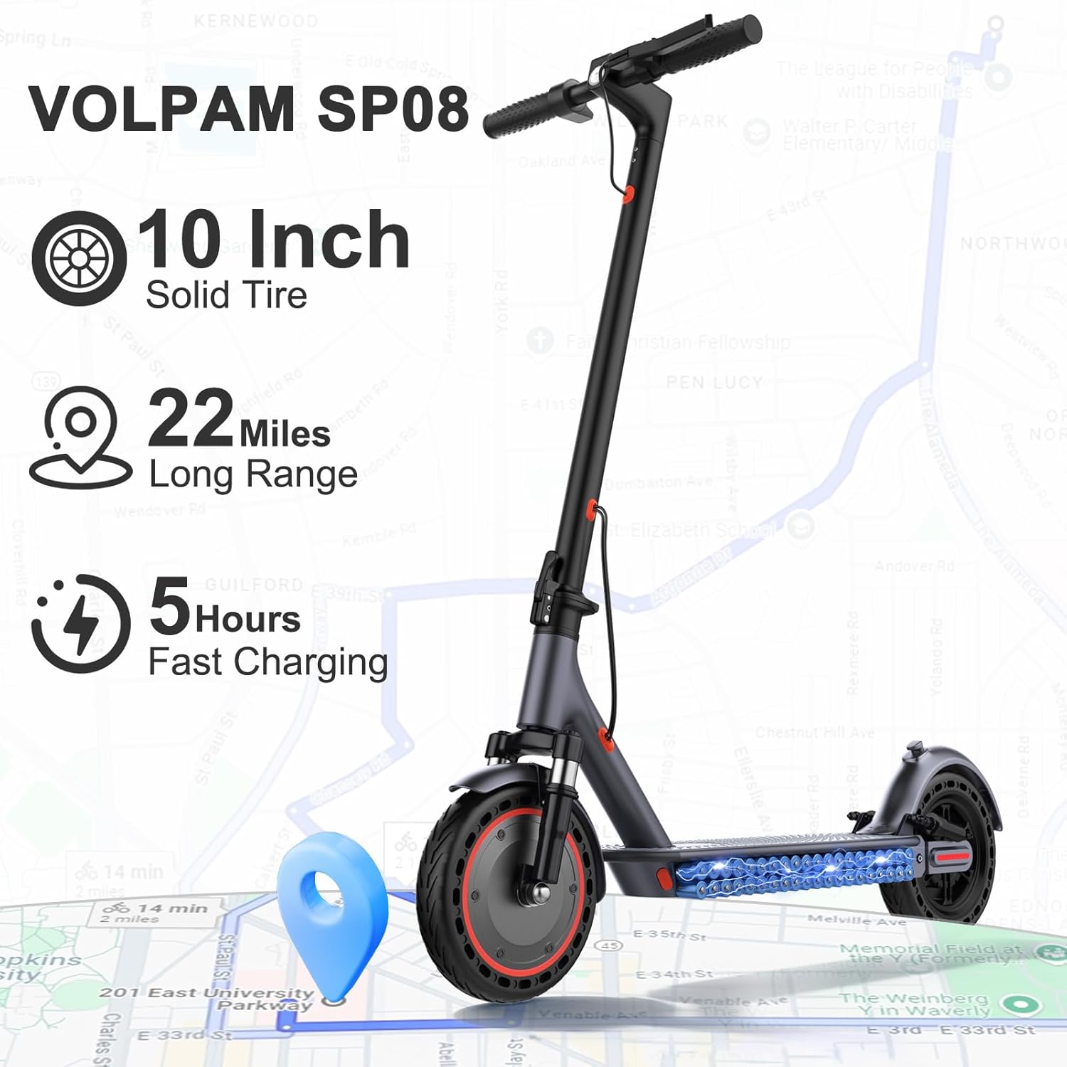 VOLPAM Electric Scooter - Dual Suspension, 500W/800W Motor, 19/22 MPH, Long Range 60/40/31/23 Miles, Max Load 264 lbs