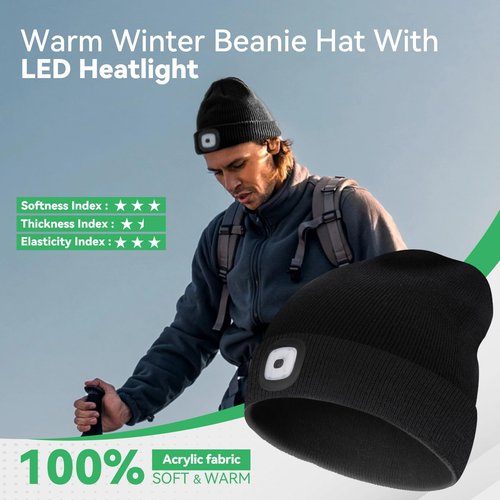 DETDLIB Gifts for Men, USB Rechargeable LED Headlamp Beanie, Valentines Day Gifts for Him, Men, Husband, Dad, Father, Mechanic, Women, Black