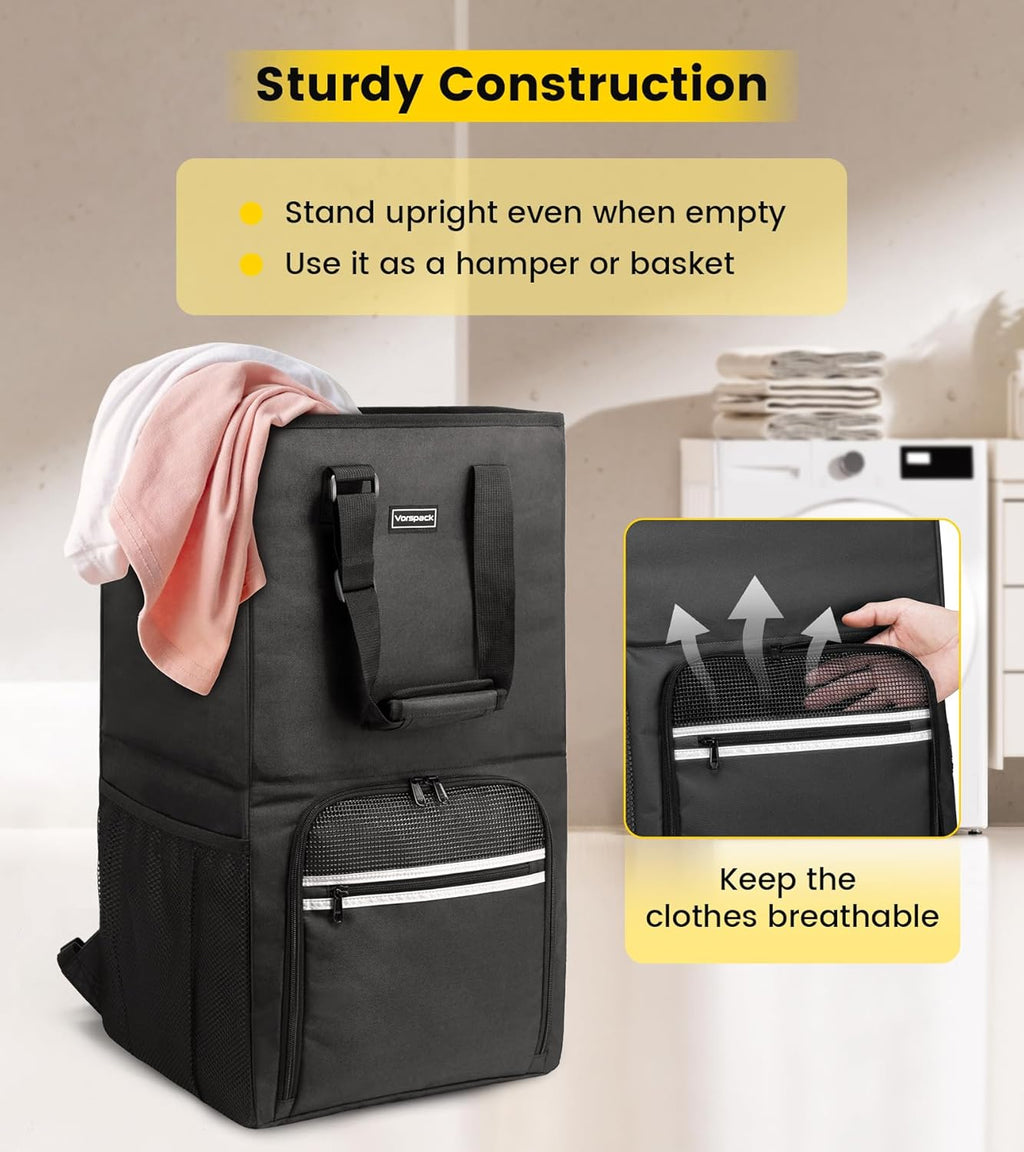 Vorspack Laundry Bag Backpack - Extra Large Heavy-Duty Laundry Hamper with Shoulder Straps | Black