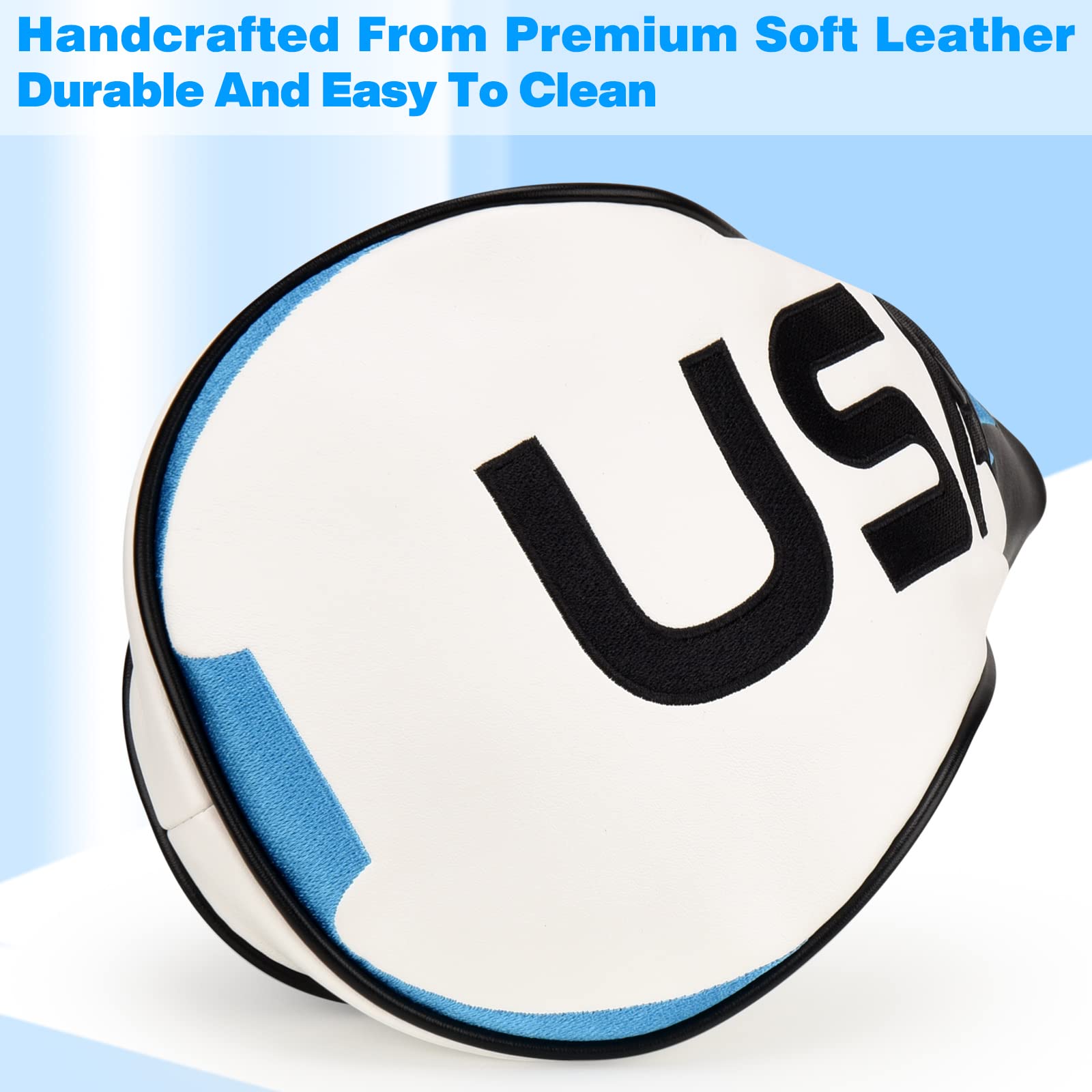 USA Golf Head Covers for Woods and Driver 3-Panel Syntheic Leather Golf Club Covers for Men Women White/Black/Blue (Driver Headcover)