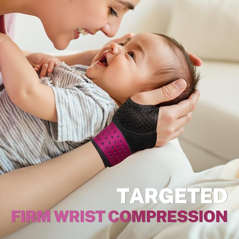 Ultra Thin Carpal Tunnel Wrist Brace with Soft Thumb Design Rose S/M — Adjustable Compression for Night & Day