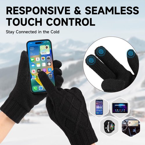 Braventure Winter Gloves Beanie Hat Set: Men Women Warm Thermal Fleece Windproof Touchscreen Gloves & Knit Skull Cap Set for Commuting Driving Shoveling Shopping Hiking Extreme Cold Weather Black