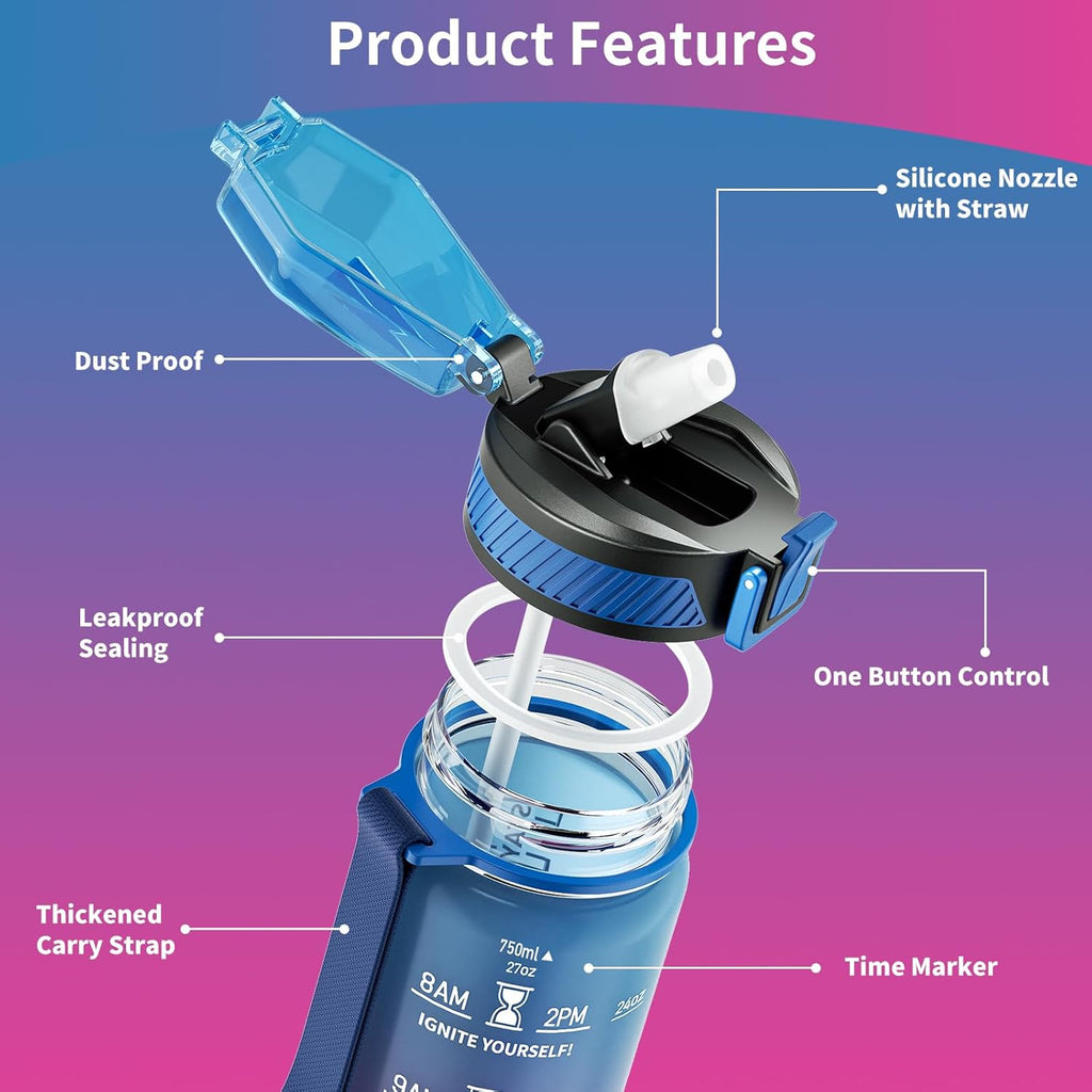 Skiennix 27oz Motivational Water Bottle - BPA-Free Tritan with Time Marker & Carry Strap | Leakproof Design for Fitness & Outdoor Use